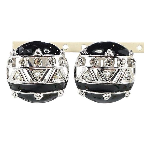 Ivana Signed Clip Earrings Silvertone Black Enamel Clear Rhinestones 1.25” Geo - Picture 1 of 2